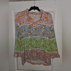Crown & Ivy Patchwork Floral Design With Ruffle Neck